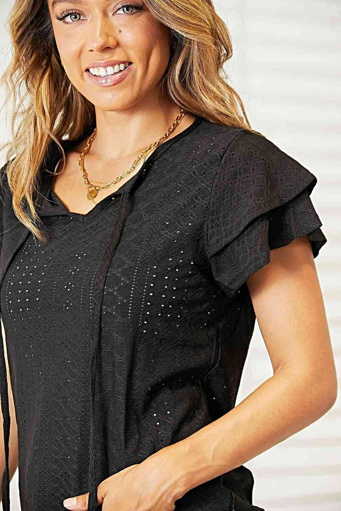 Elegant Double Take Flutter Sleeve Blouse With Eyelet Tie-Neck Design Trendsi