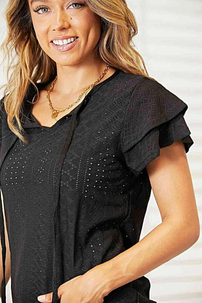 Elegant Double Take Flutter Sleeve Blouse With Eyelet Tie-Neck Design Trendsi