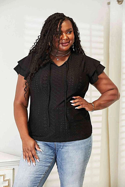 Elegant Double Take Flutter Sleeve Blouse With Eyelet Tie-Neck Design Trendsi