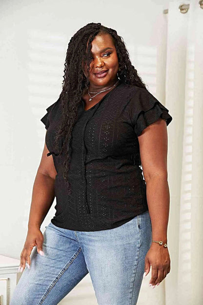Elegant Double Take Flutter Sleeve Blouse With Eyelet Tie-Neck Design Trendsi