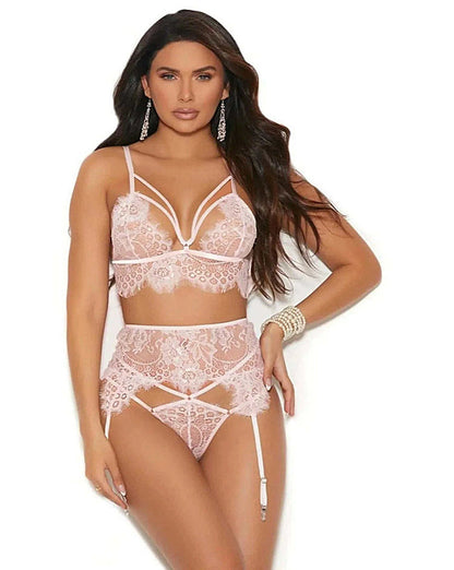Elegant Eyelash Lace Bralette Set - 3 Piece Strappy Detail Thong & Garter Belt Elegant Moments