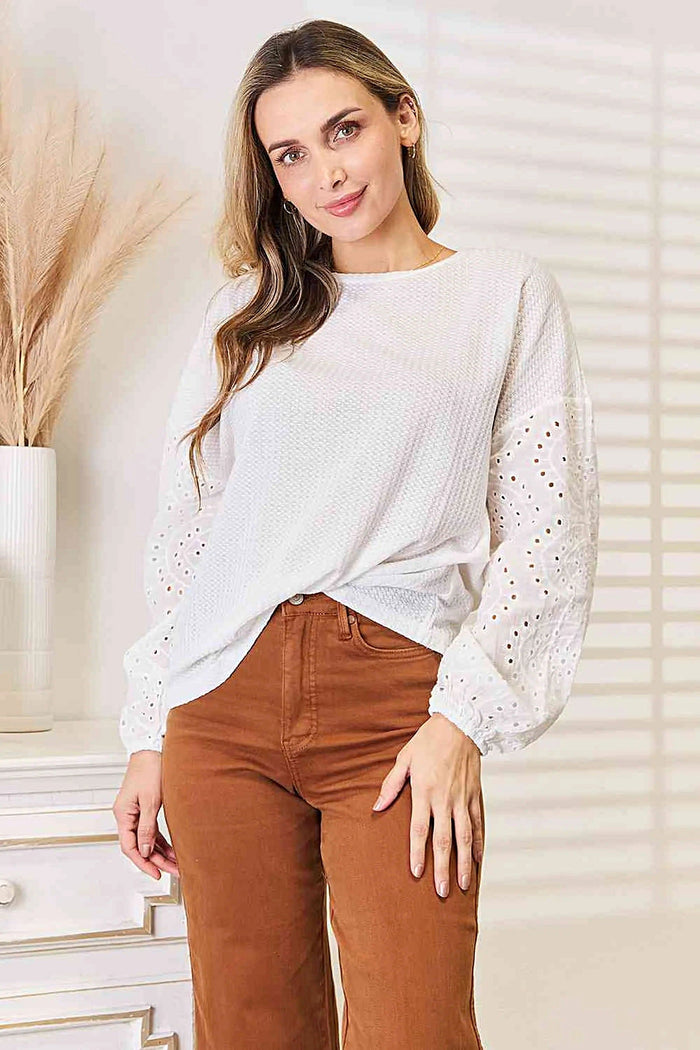 Elegant Double Take Eyelet Blouse Women with Dropped Shoulders & Round Neck, Plus Sizes Available Trendsi
