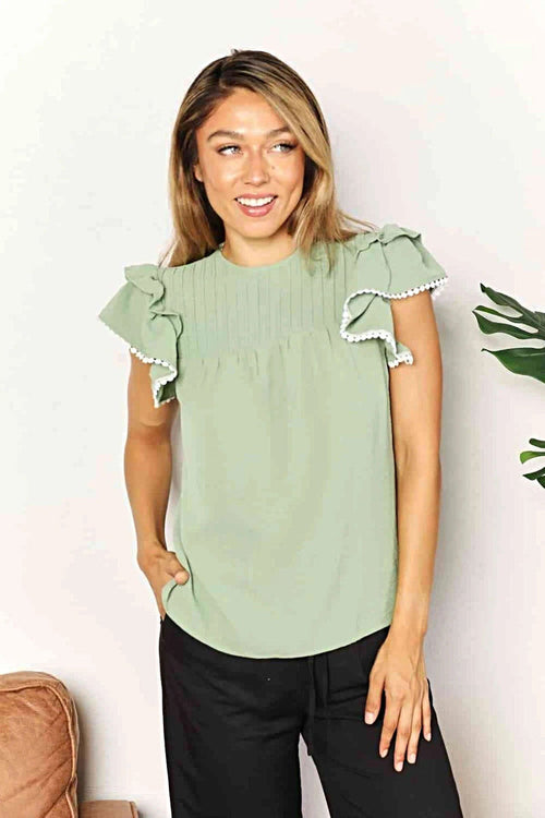 Elegant Flutter Sleeve Top With Pleated Detail And Round Neckline - Solid Casual Blouse Trendsi
