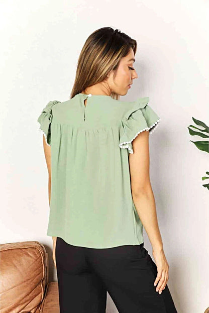 Elegant Flutter Sleeve Top With Pleated Detail And Round Neckline - Solid Casual Blouse Trendsi