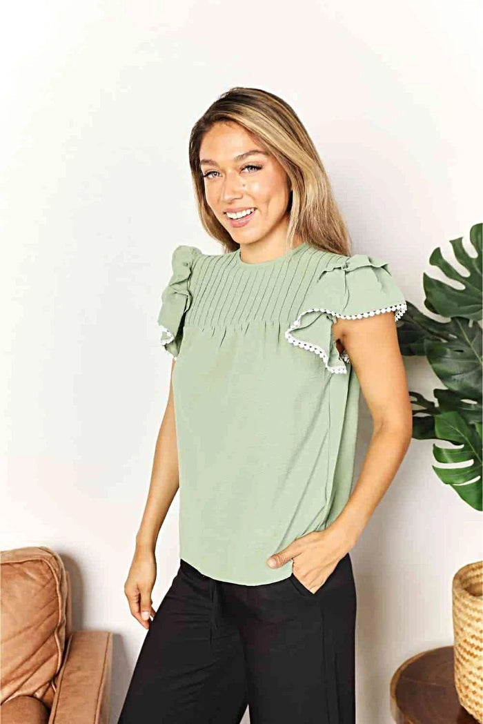 Elegant Flutter Sleeve Top With Pleated Detail And Round Neckline - Solid Casual Blouse Trendsi