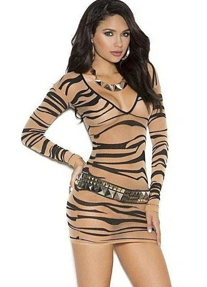 Elegant Moments 1507 Sheer Zebra Print Dress with Long Sleeves - Nude/Black Mini Style Elegant Moments