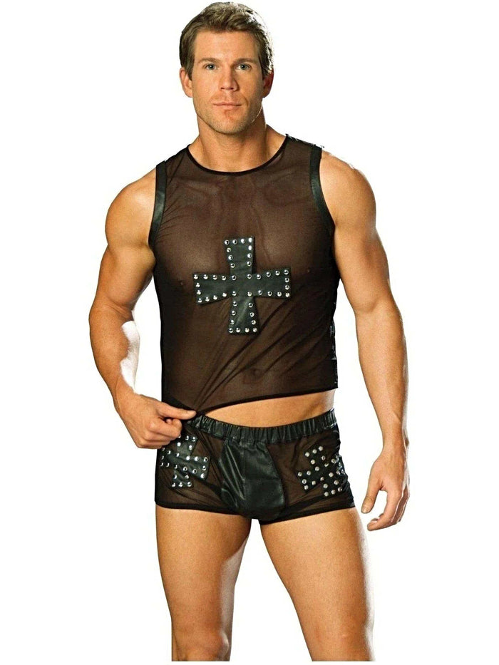 Elegant Moments Black Mesh Tank Top with Leather Cross and Nail Head Trim Elegant Moments