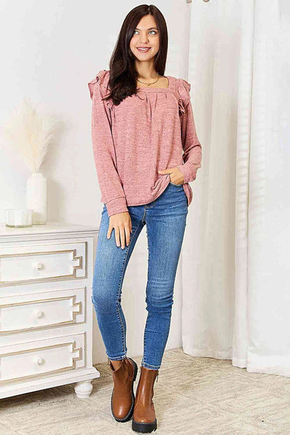 Elegant Ruffle Shoulder Top - Square Neck Long Sleeve T-Shirt in Plus Sizes Trendsi