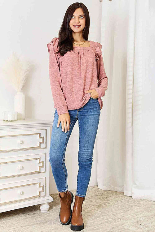 Elegant Ruffle Shoulder Top - Square Neck Long Sleeve T-Shirt in Plus Sizes Trendsi