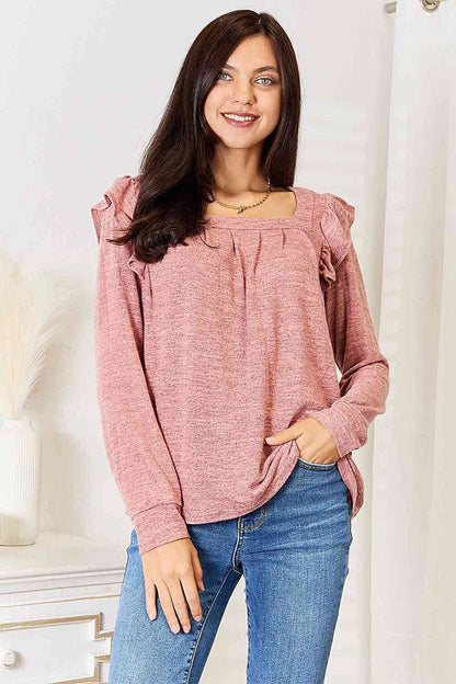 Elegant Ruffle Shoulder Top - Square Neck Long Sleeve T-Shirt in Plus Sizes Trendsi