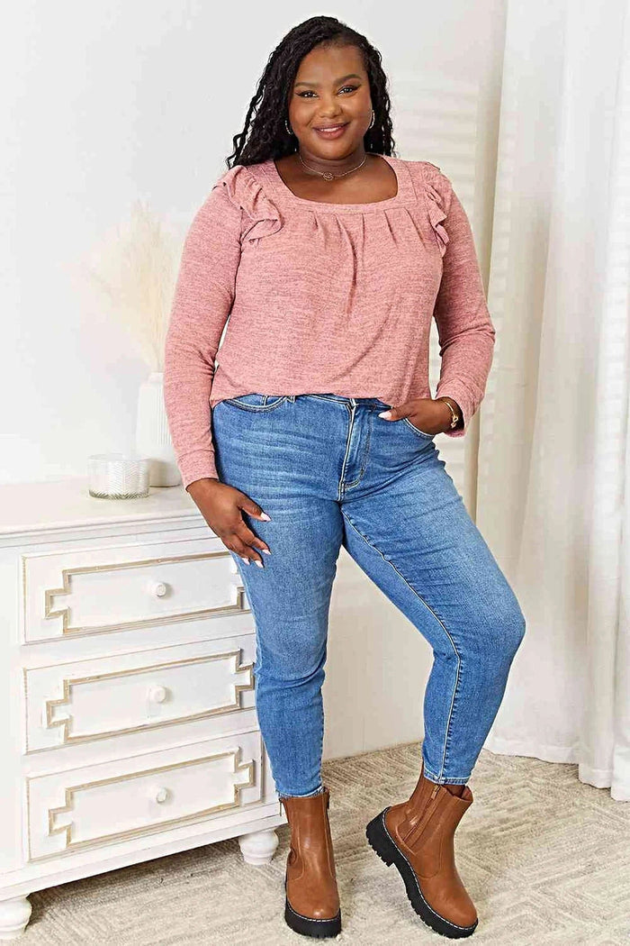 Elegant Ruffle Shoulder Top - Square Neck Long Sleeve T-Shirt in Plus Sizes Trendsi