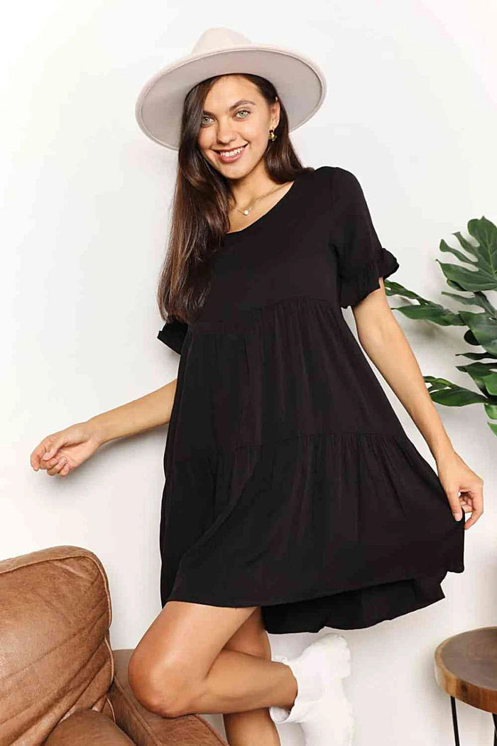 Elegant V-Neck Flounce Dress with Tiered Design & Playful Sleeves for Chic Casual Look Trendsi