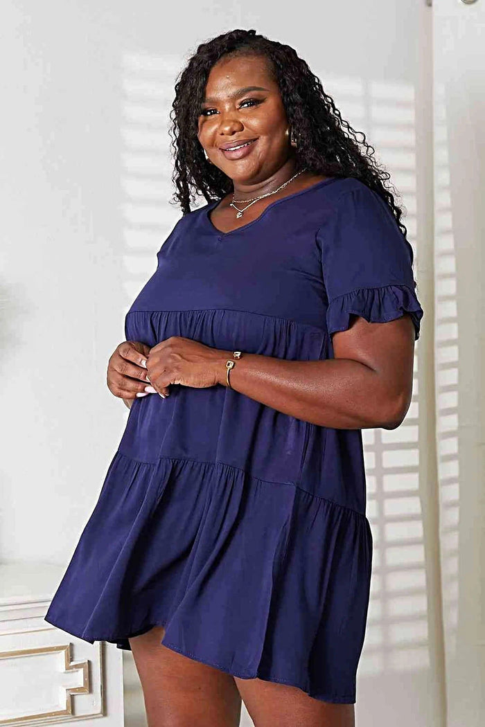 Elegant V-Neck Flounce Dress with Tiered Design & Playful Sleeves for Chic Casual Look Trendsi