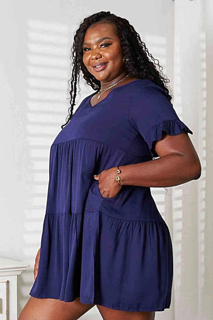 Elegant V-Neck Flounce Dress with Tiered Design & Playful Sleeves for Chic Casual Look Trendsi