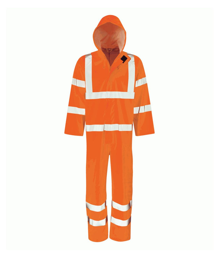 Elm Coverall hi-vis orange with heat-sealed reflective tape fixed hood taped seams two-way zip