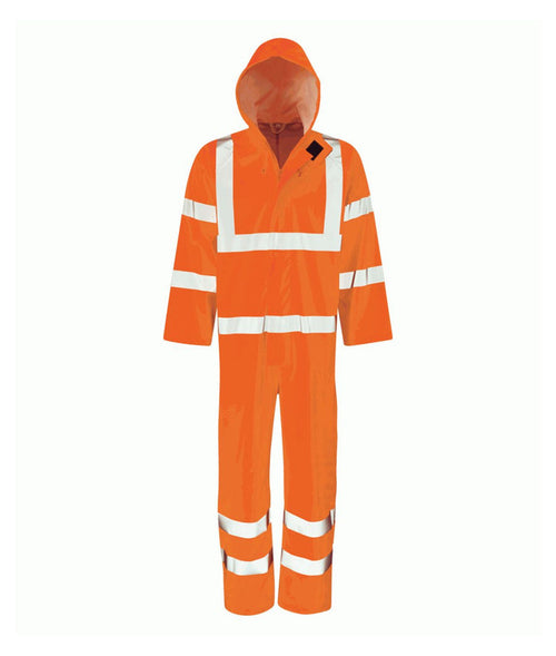 Elm Coverall hi-vis orange with heat-sealed reflective tape fixed hood taped seams two-way zip