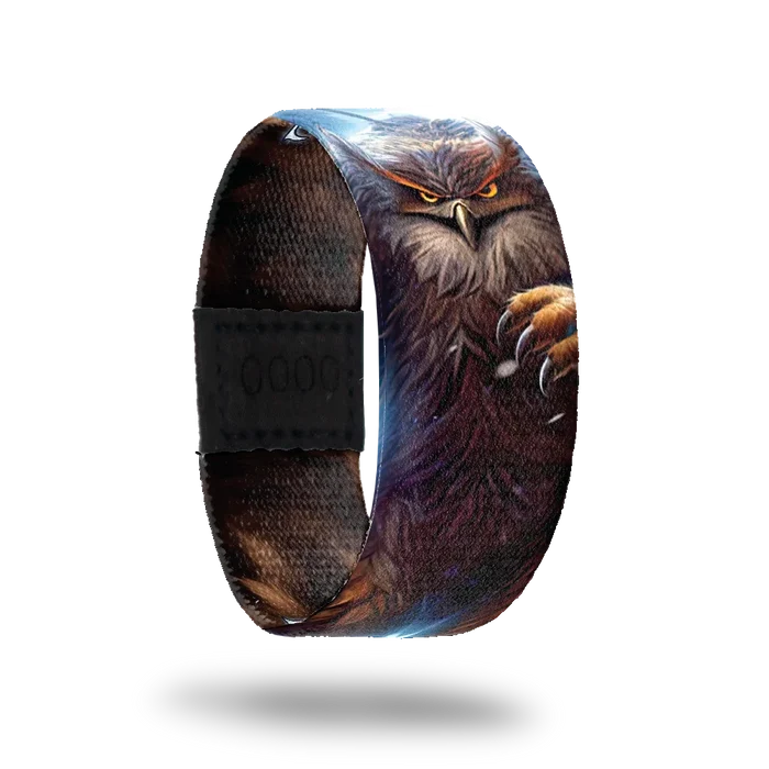 ZOX strap with realistic design of an owl with glowing eyes and talons. Inside reads Face Your Foe.