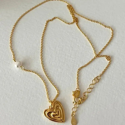 Fashion Irregular Triple Hollow Heart Shell Pearl 925 Sterling Silver Necklace Crushes.