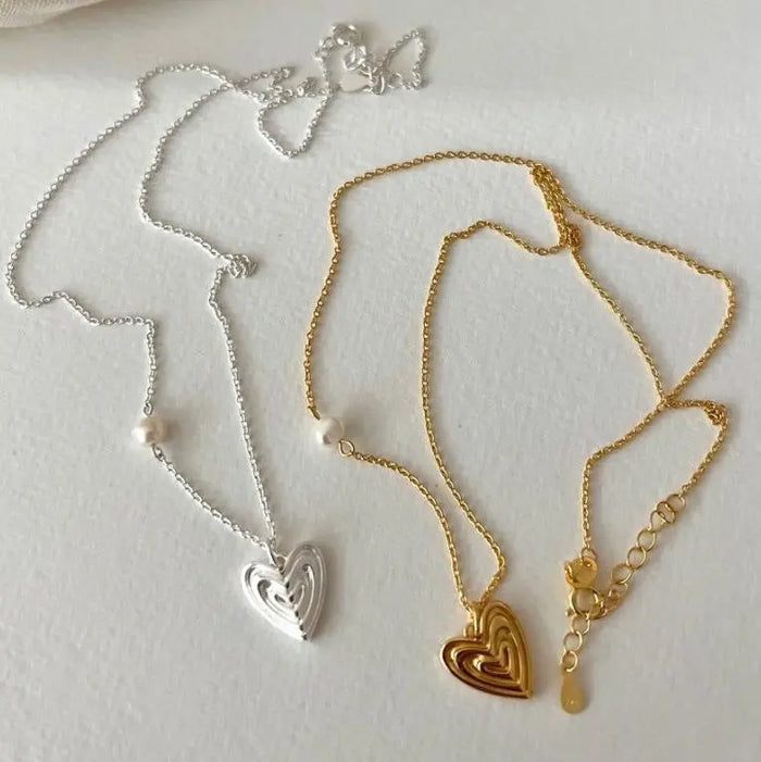 Fashion Irregular Triple Hollow Heart Shell Pearl 925 Sterling Silver Necklace Crushes.
