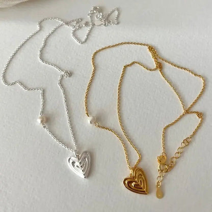 Fashion Irregular Triple Hollow Heart Shell Pearl 925 Sterling Silver Necklace Crushes.
