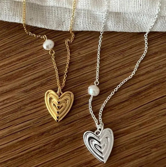 Fashion Irregular Triple Hollow Heart Shell Pearl 925 Sterling Silver Necklace Crushes.