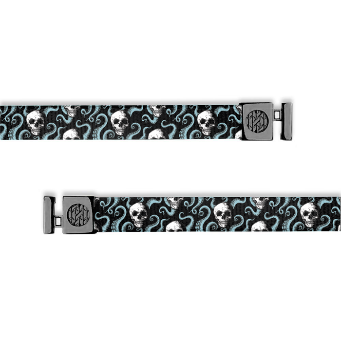 Black string with blue octopus tentacles and white skulls. Comes with gunmetal aglets.