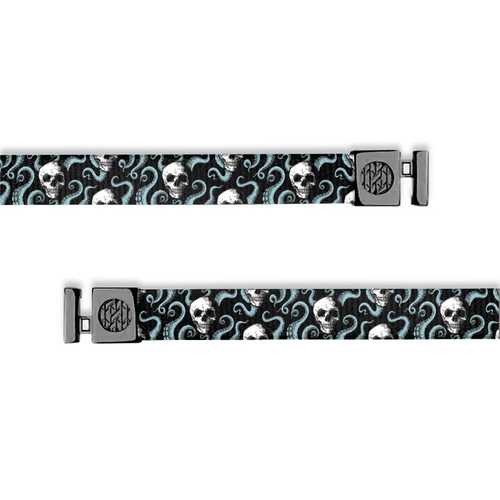 Black string with blue octopus tentacles and white skulls. Comes with gunmetal aglets.