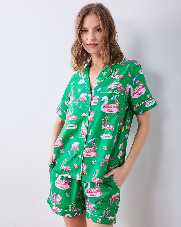 Front three-quarter view of the Palm Frond short pajama set with button-down top and shorts