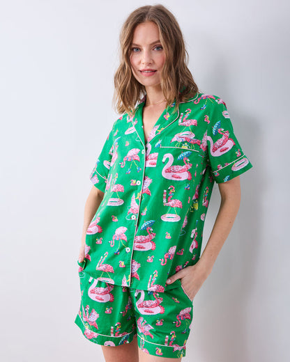 Front three-quarter view of the Palm Frond short pajama set with button-down top and shorts