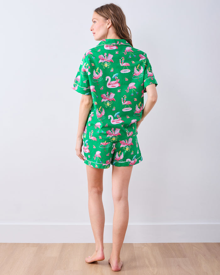 Full rear view of the Palm Frond short pajama set with flamingo print and contrast piping