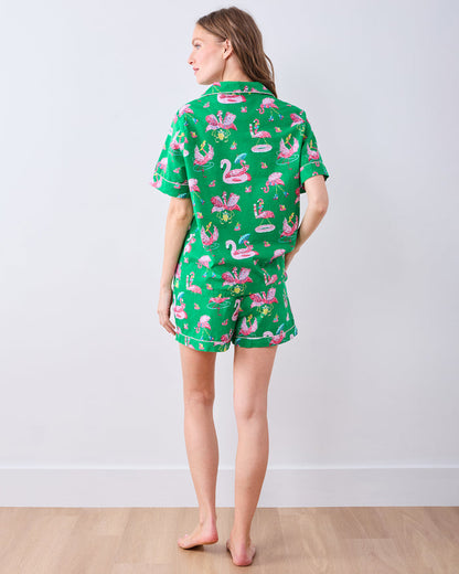Full rear view of the Palm Frond short pajama set with flamingo print and contrast piping