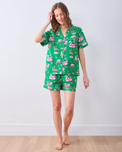 Full front view of the Palm Frond short pajama set with button-down top and matching shorts