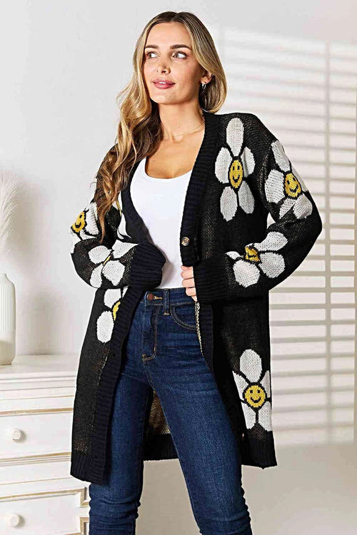 Floral Longline Cardigan - Elegant Button Down Closure, Ribbed Detail & Moderate Stretch Trendsi
