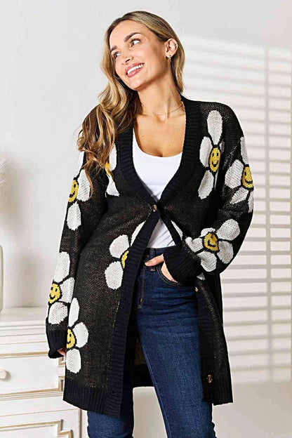 Floral Longline Cardigan - Elegant Button Down Closure, Ribbed Detail & Moderate Stretch Trendsi