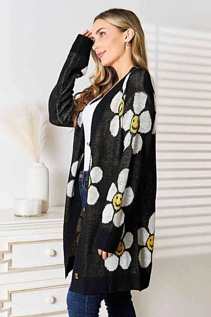 Floral Longline Cardigan - Elegant Button Down Closure, Ribbed Detail & Moderate Stretch Trendsi