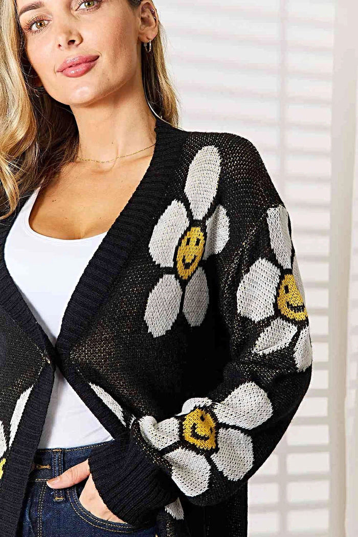Floral Longline Cardigan - Elegant Button Down Closure, Ribbed Detail & Moderate Stretch Trendsi