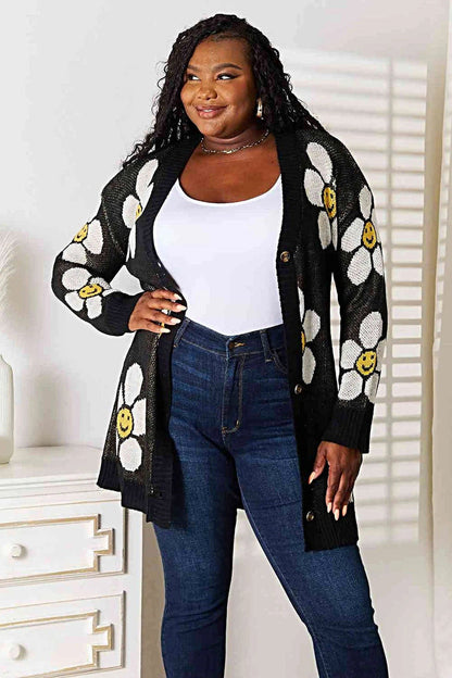Floral Longline Cardigan - Elegant Button Down Closure, Ribbed Detail & Moderate Stretch Trendsi
