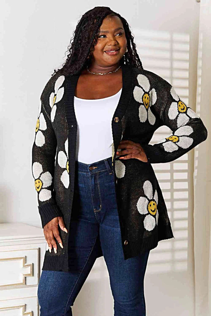 Floral Longline Cardigan - Elegant Button Down Closure, Ribbed Detail & Moderate Stretch Trendsi