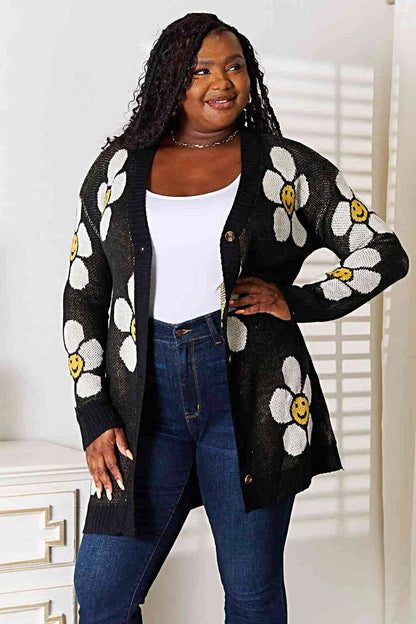 Floral Longline Cardigan - Elegant Button Down Closure, Ribbed Detail & Moderate Stretch Trendsi