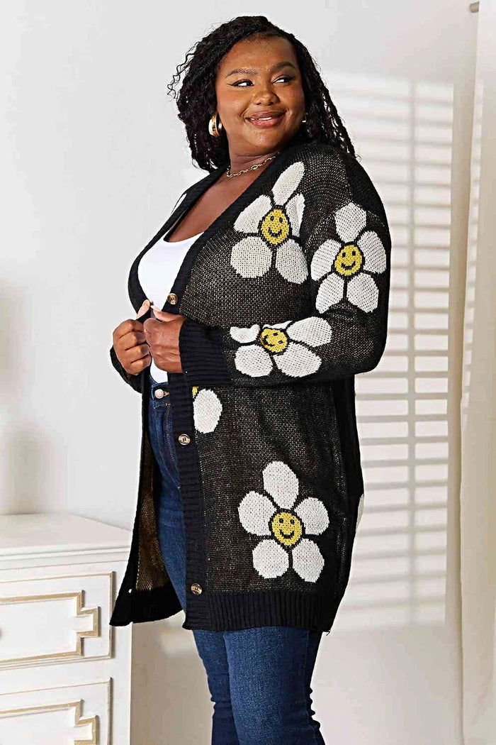 Floral Longline Cardigan - Elegant Button Down Closure, Ribbed Detail & Moderate Stretch Trendsi