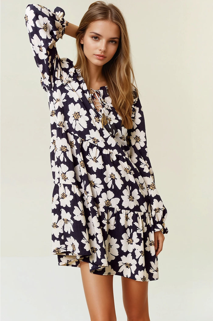 Floral Print Tiered Mini Dress | Black