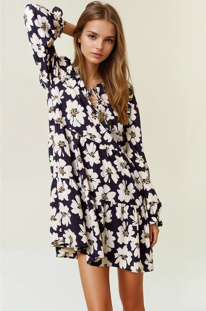 Floral Print Tiered Mini Dress | Black