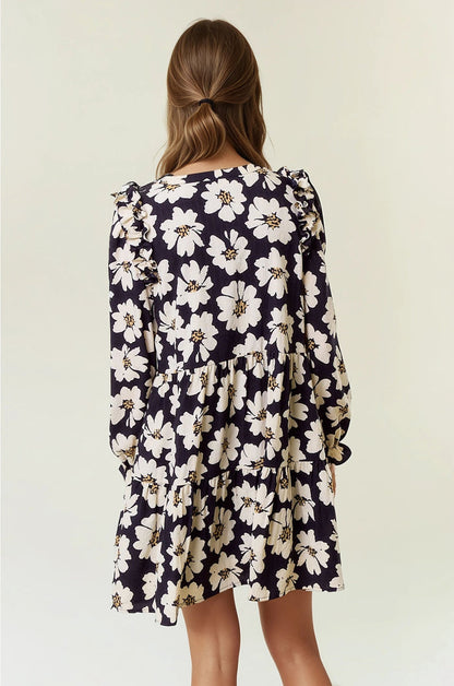 Floral Print Tiered Mini Dress | Black