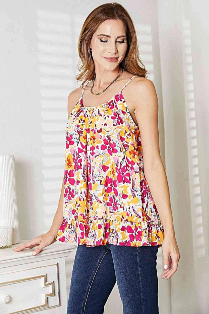 Floral Scoop Neck Cami with Ruffle Hem - Elegant Style for All Sizes, Including Plus -