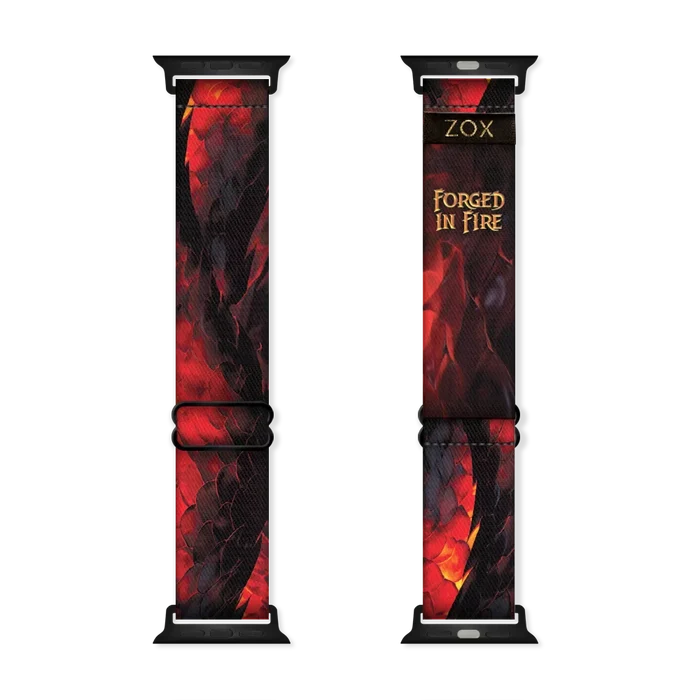 Watchband with a dragon tail. Colors are black and variations of red. Inside reads Forged In Fire. Check size guide for compatible watches.