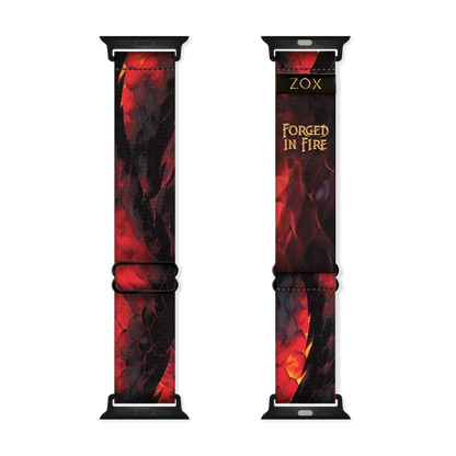 Watchband with a dragon tail. Colors are black and variations of red. Inside reads Forged In Fire. Check size guide for compatible watches.