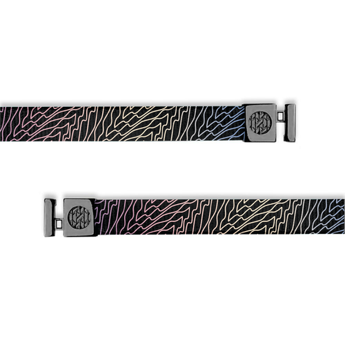 Flat hoodie string. Design is a black base with multicolored fine lines along the entire string. Inside reads "Forgiven" and aglets are black.