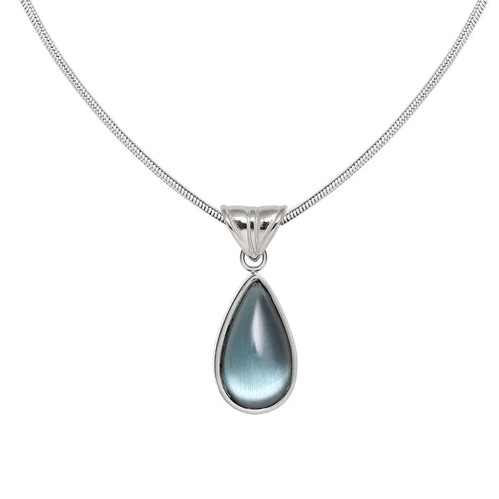 Gold-Plated Teardrop Pendant Necklace with Blue Synthetic Cat Eye Stone Crushes.