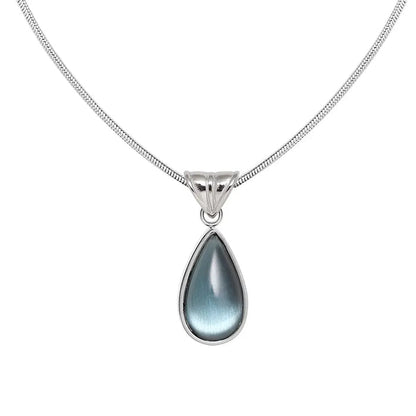 Gold-Plated Teardrop Pendant Necklace with Blue Synthetic Cat Eye Stone Crushes.