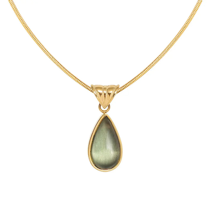 Gold-Plated Teardrop Pendant Necklace with Green Synthetic Cat Eye Stone Crushes.
